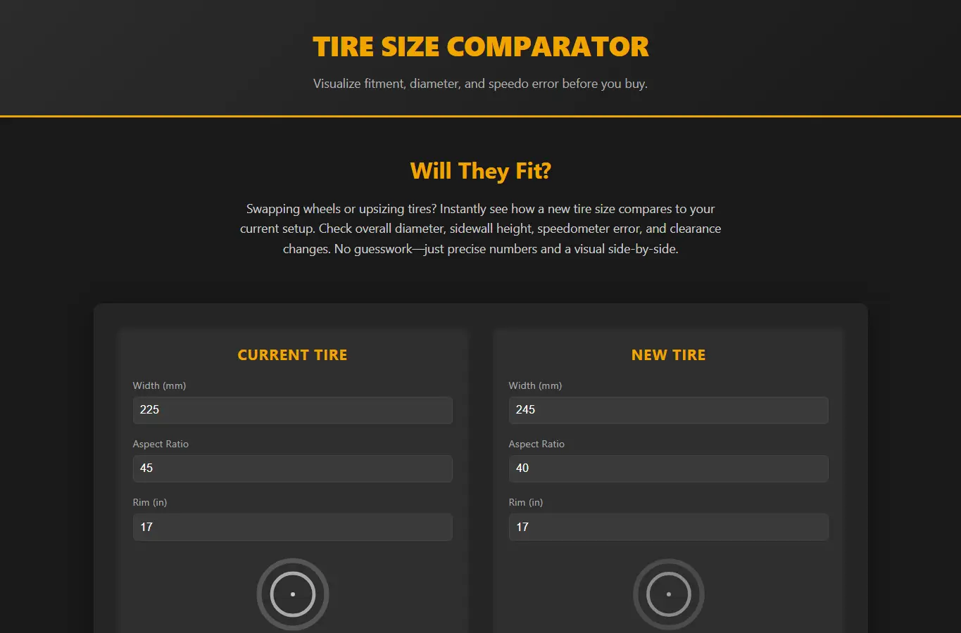 Screenshot of Tire Size Visual Comparator interface showing the project page in use